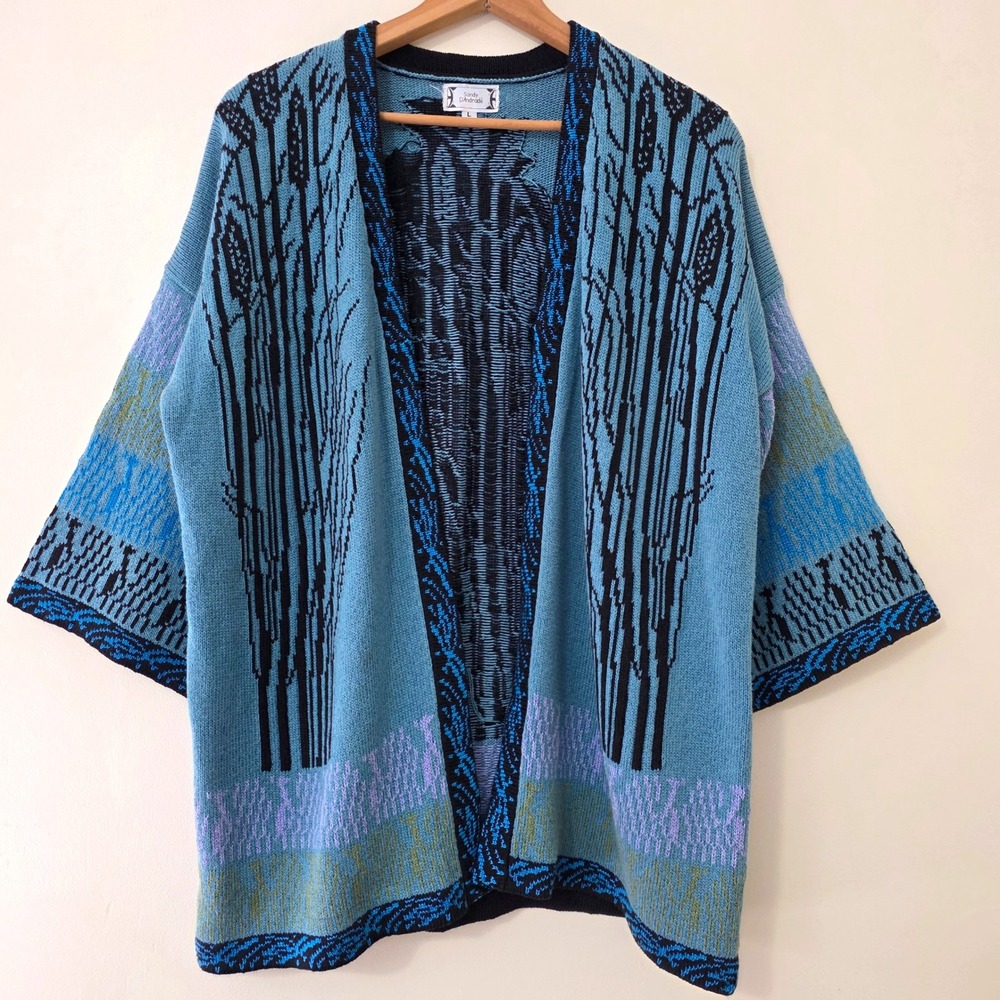 Sandy D'Andrade Hand Knit Cardigan Sz L Open Artisan Art to Wear Boho Kimono